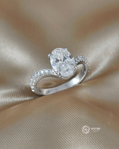 Oval Diamond Ring with Curved Pave Band in White Gold