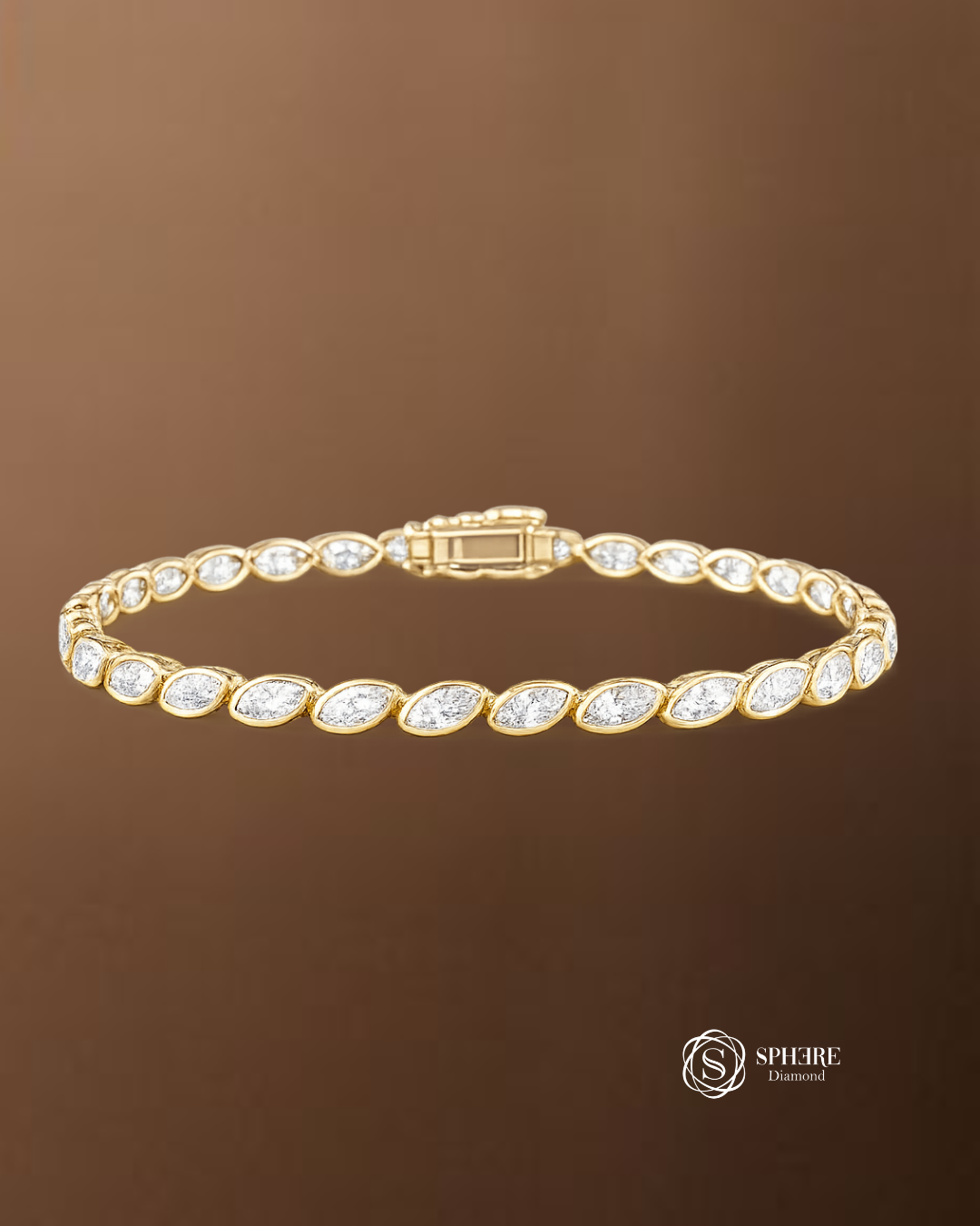 Marquise Cut Lab Grown Diamond Tennis Bracelet in Yellow Gold by Sphere Diamond Bangkok Thailand