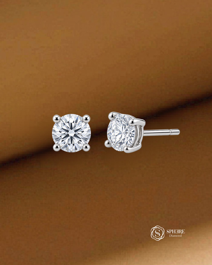 Round IGI certified lab grown diamond stud earrings side view by Sphere Diamond