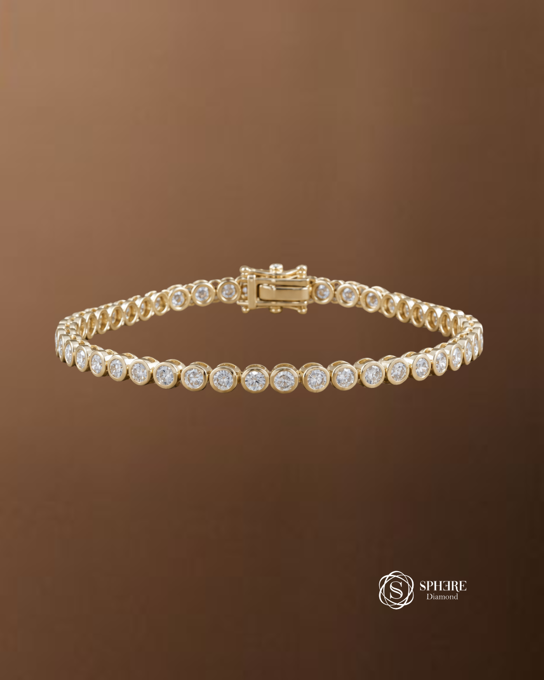 Round bezel set lab grown diamond tennis bracelet in yellow gold, full bracelet view by Sphere Diamond Bangkok