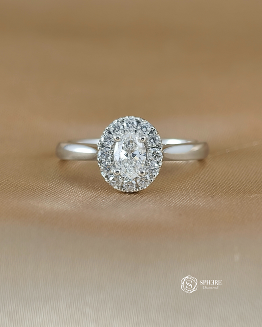 Oval Diamond Halo Ring With Plain Band