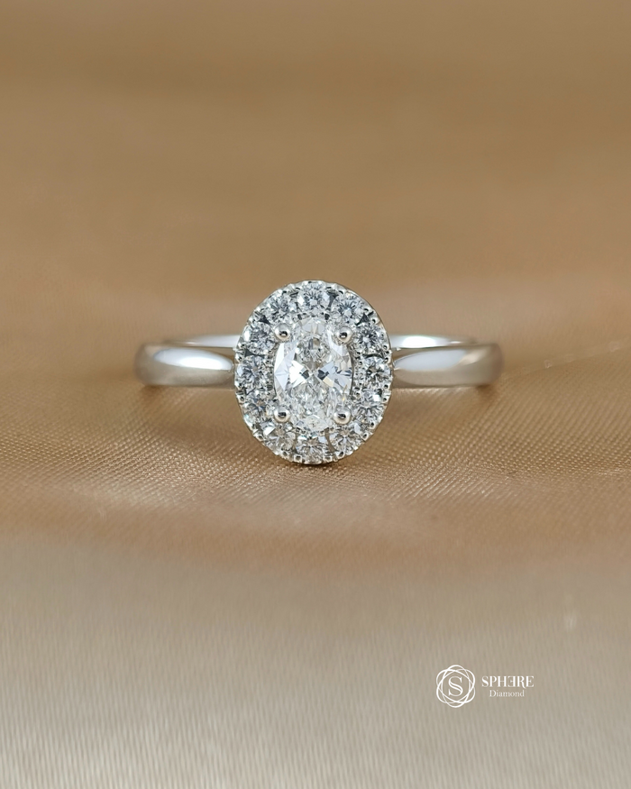 Oval Diamond Halo Ring With Plain Band