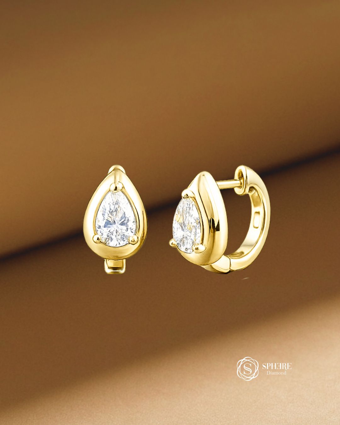 Pear Cut Lab Grown Diamond Bezel Huggie Hoop Earrings in 18K Yellow Gold by Sphere Diamond Bangkok Thailand