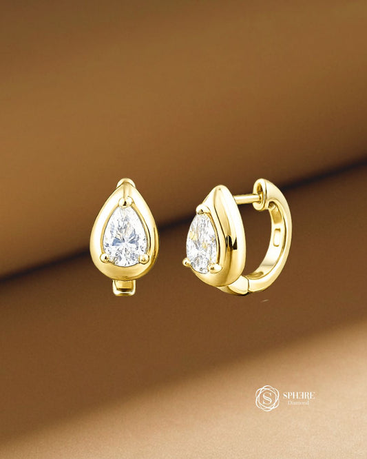 Pear Cut Lab Grown Diamond Bezel Huggie Hoop Earrings in 18K Yellow Gold by Sphere Diamond Bangkok Thailand