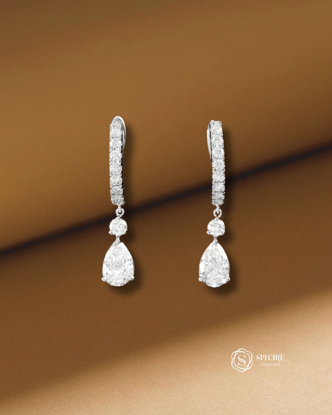 Pear Cut and Round Lab Grown Diamond Drop Earrings White Gold Bangkok