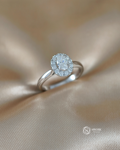 Oval Diamond Halo Ring With Plain Band