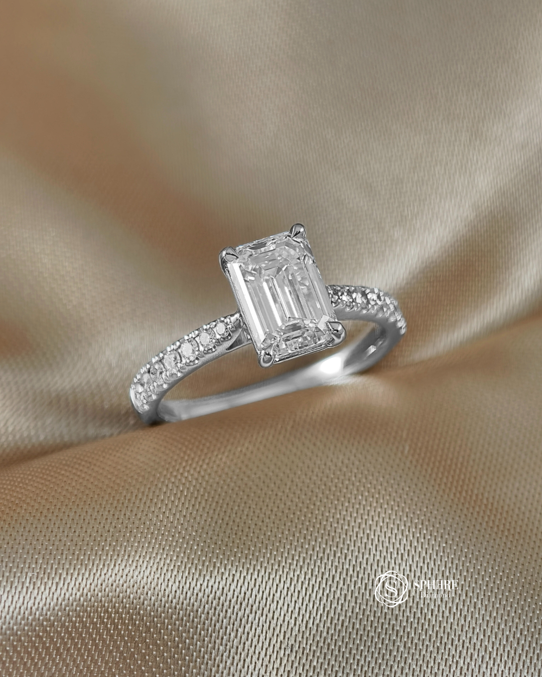 Emerald cut lab grown diamond engagement ring with pavé band Bangkok