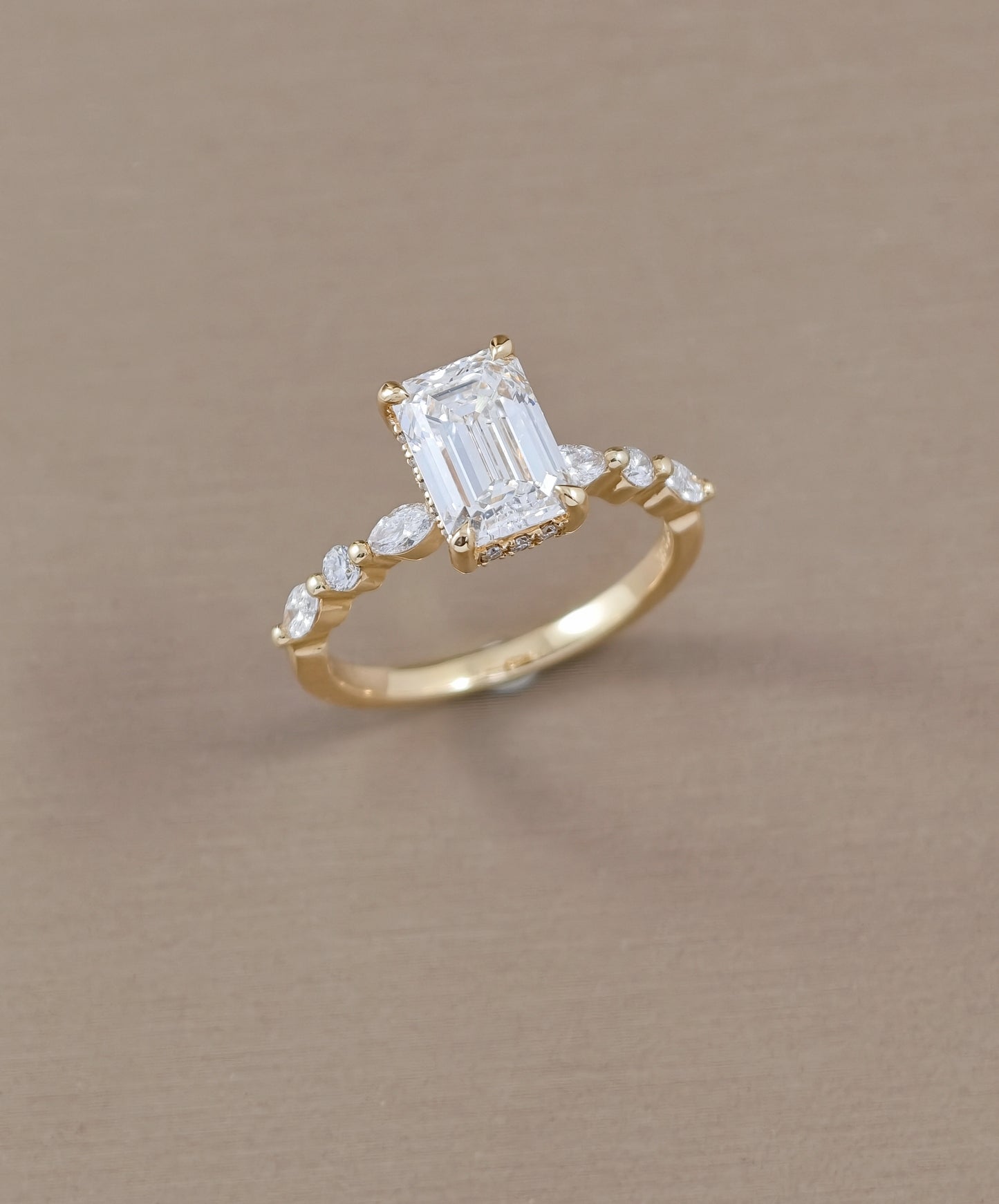 Celeste Emerald Cut Lab Grown Diamond Engagement Ring with Mixed Diamond Band Sphere Diamond Bangkok