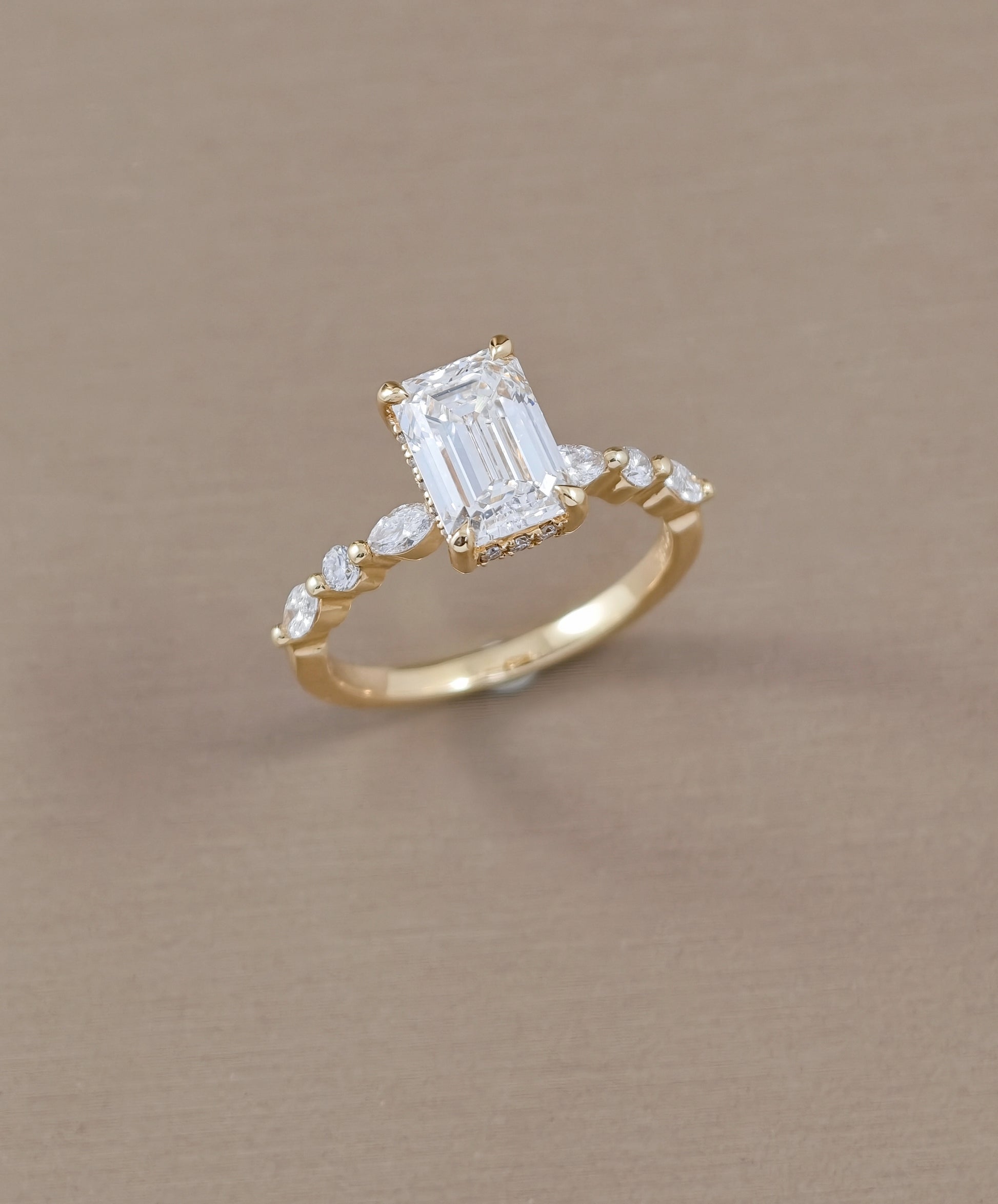 Celeste Emerald Cut Lab Grown Diamond Engagement Ring with Mixed Diamond Band Sphere Diamond Bangkok