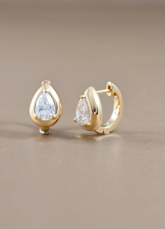 Pear Cut Diamond Bezel Huggie Hoop Earrings| IGI Certified