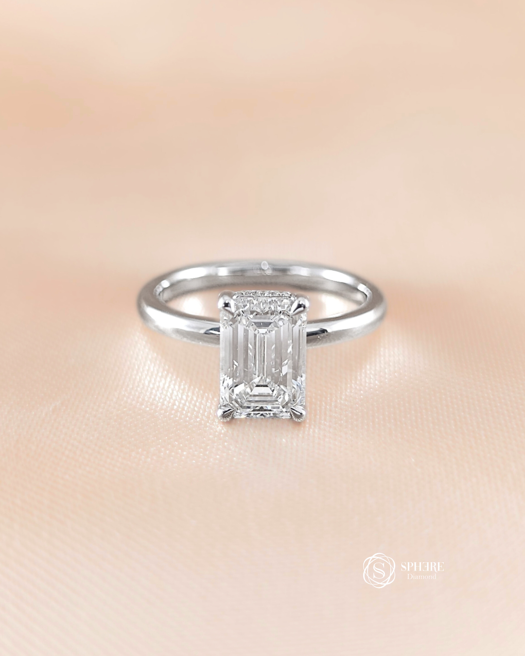 Emerald Cut Solitaire Diamond Ring with Hidden Side Diamond