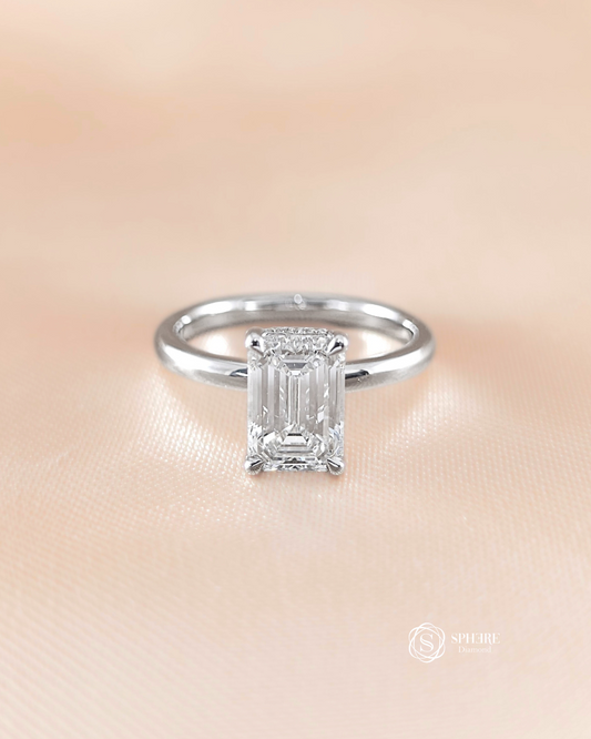 Emerald Cut Solitaire Diamond Ring with Hidden Side Diamond
