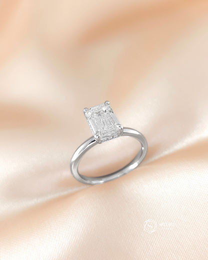 Emerald Cut Solitaire Diamond Ring with Hidden Side Diamond