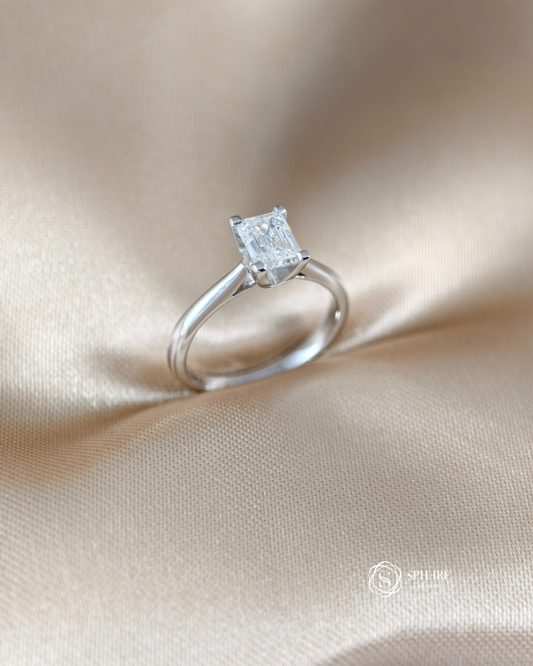 Elegant emerald cut lab grown diamond solitaire ring in white gold by Sphere Diamond Bangkok