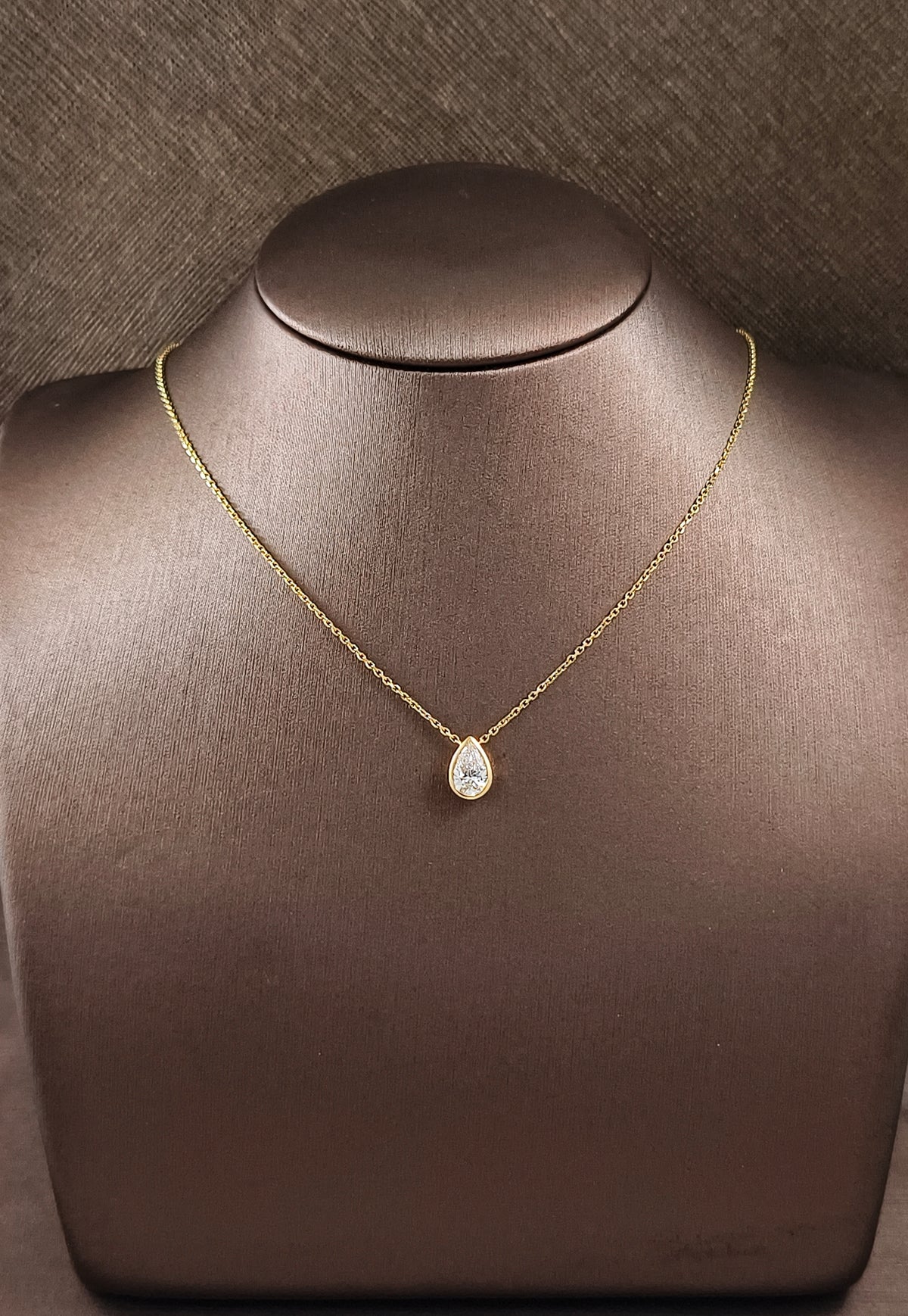 Pear Cut Lab Grown Diamond Yellow Gold Bezel Pendant Necklace