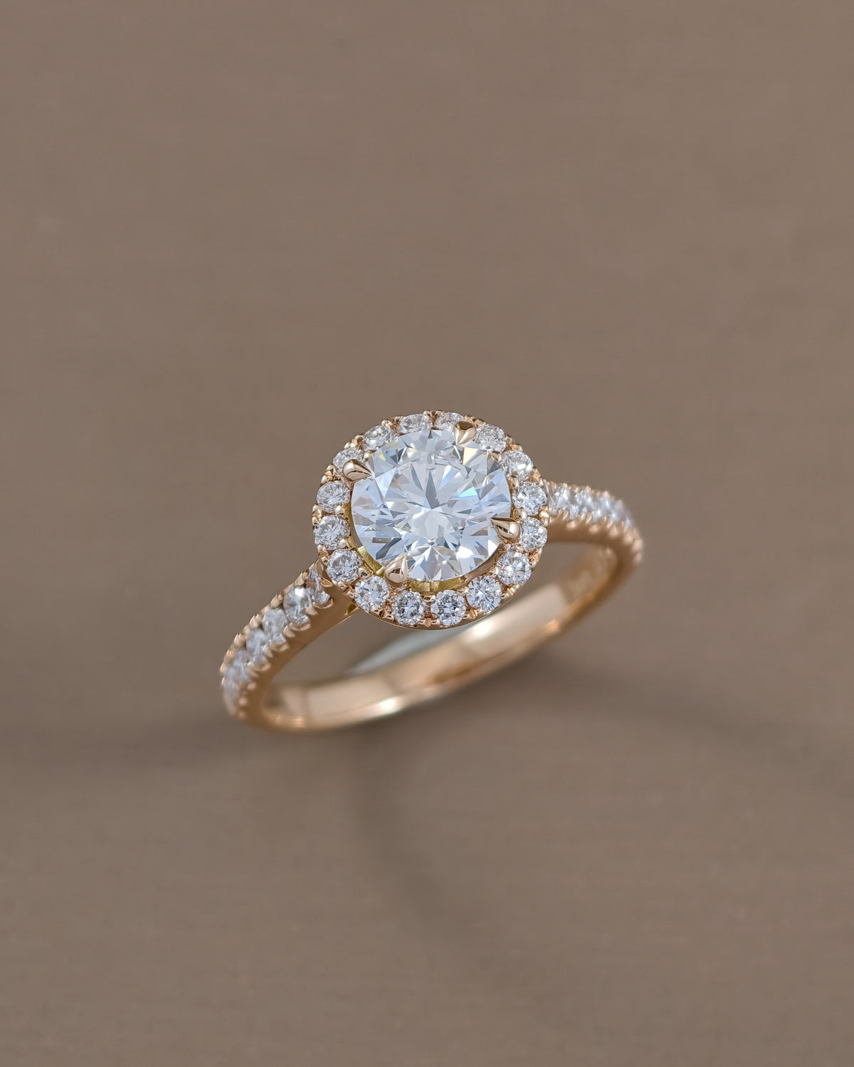 Halo Round cut diamond lab grown engagement ring yellow gold
