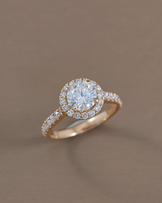 Halo Round cut diamond lab grown engagement ring yellow gold