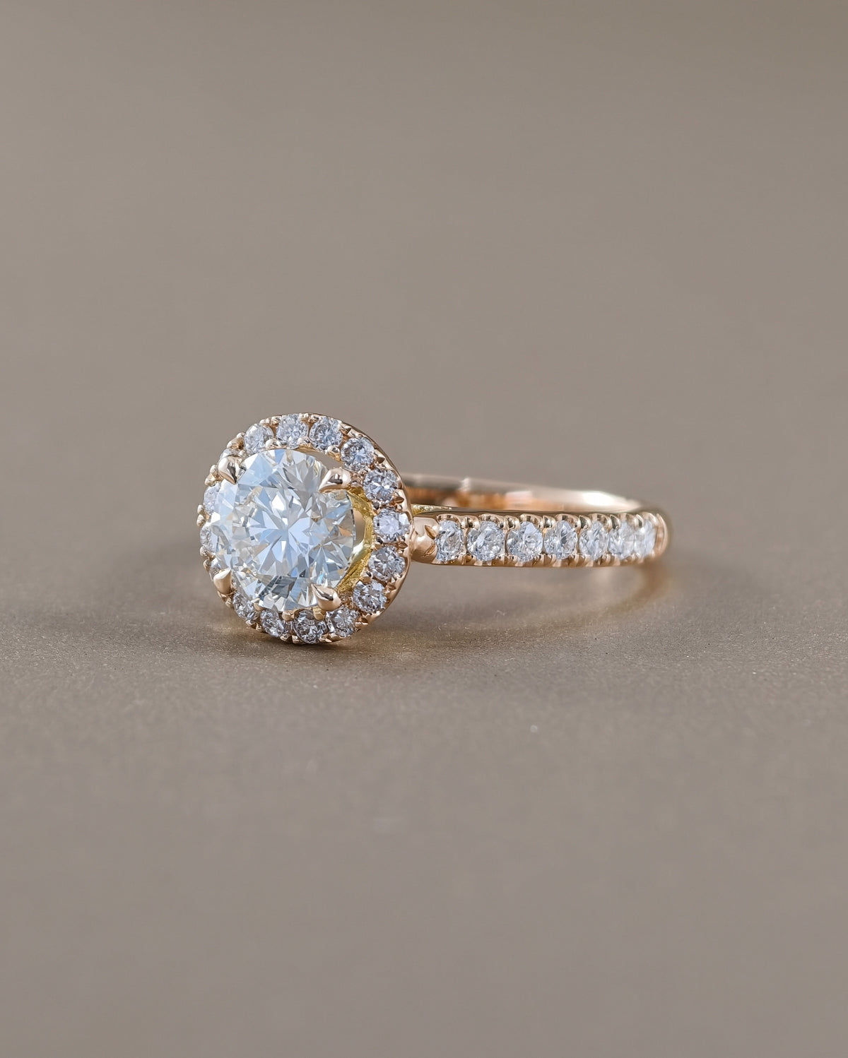 Halo Round cut diamond lab grown engagement ring yellow gold