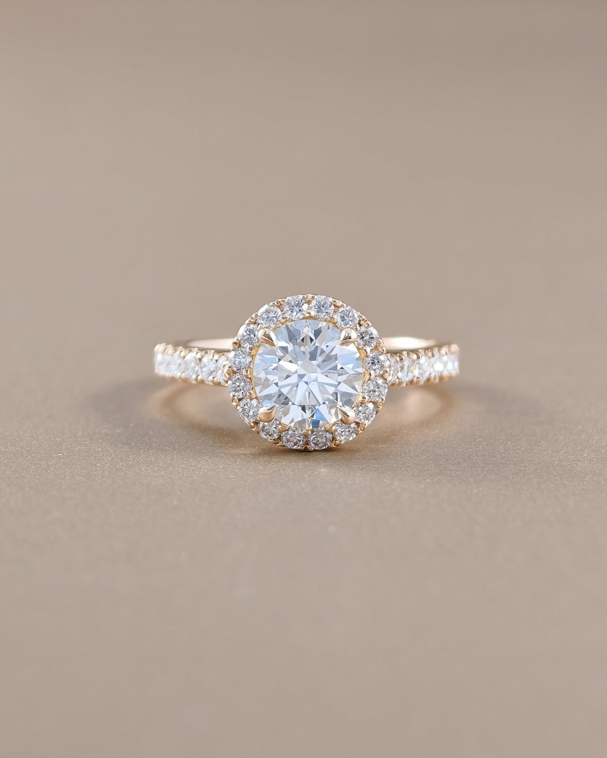 Halo Round cut diamond lab grown engagement ring yellow gold