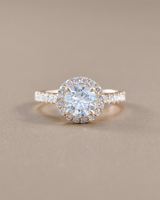 Halo Round cut diamond lab grown engagement ring yellow gold