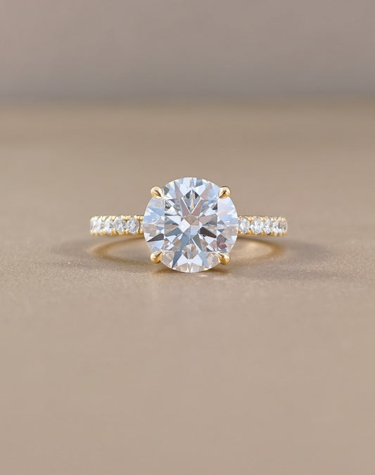 Signature Eiffel Love Round Lab Grown Diamond Engagement Ring in Yellow Gold with Pavé Band