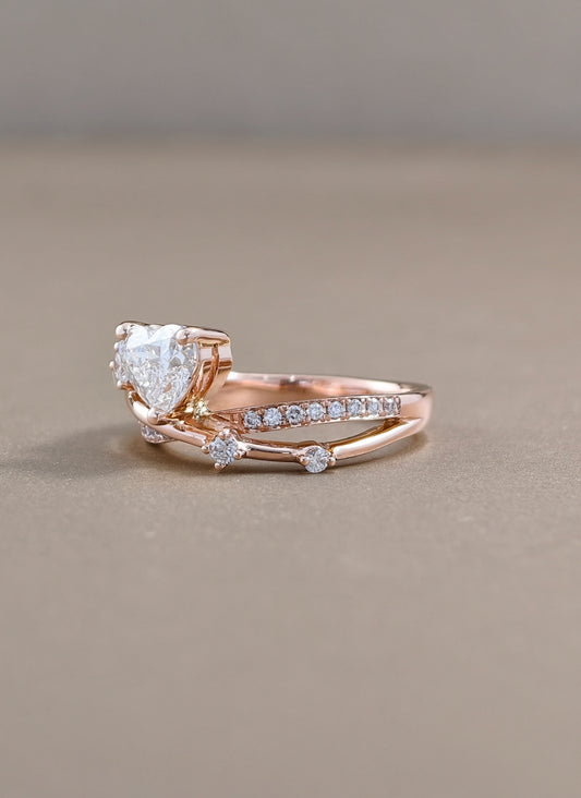 Nature-Inspired Heart Cut Diamond Cluster Ring side view Sphere Diamond