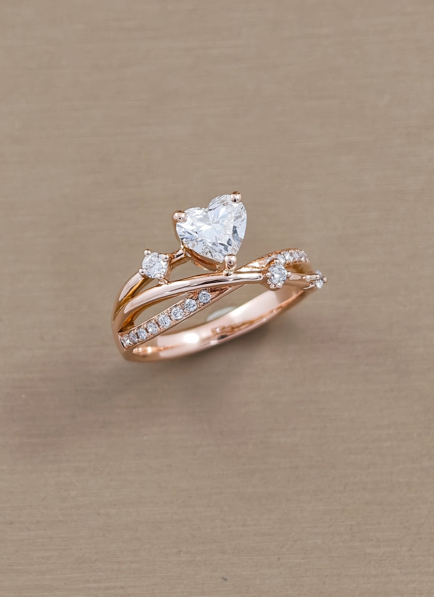 pink Gold Heart Cut Lab Grown Diamond Engagement Ring with leaf inspired accents
