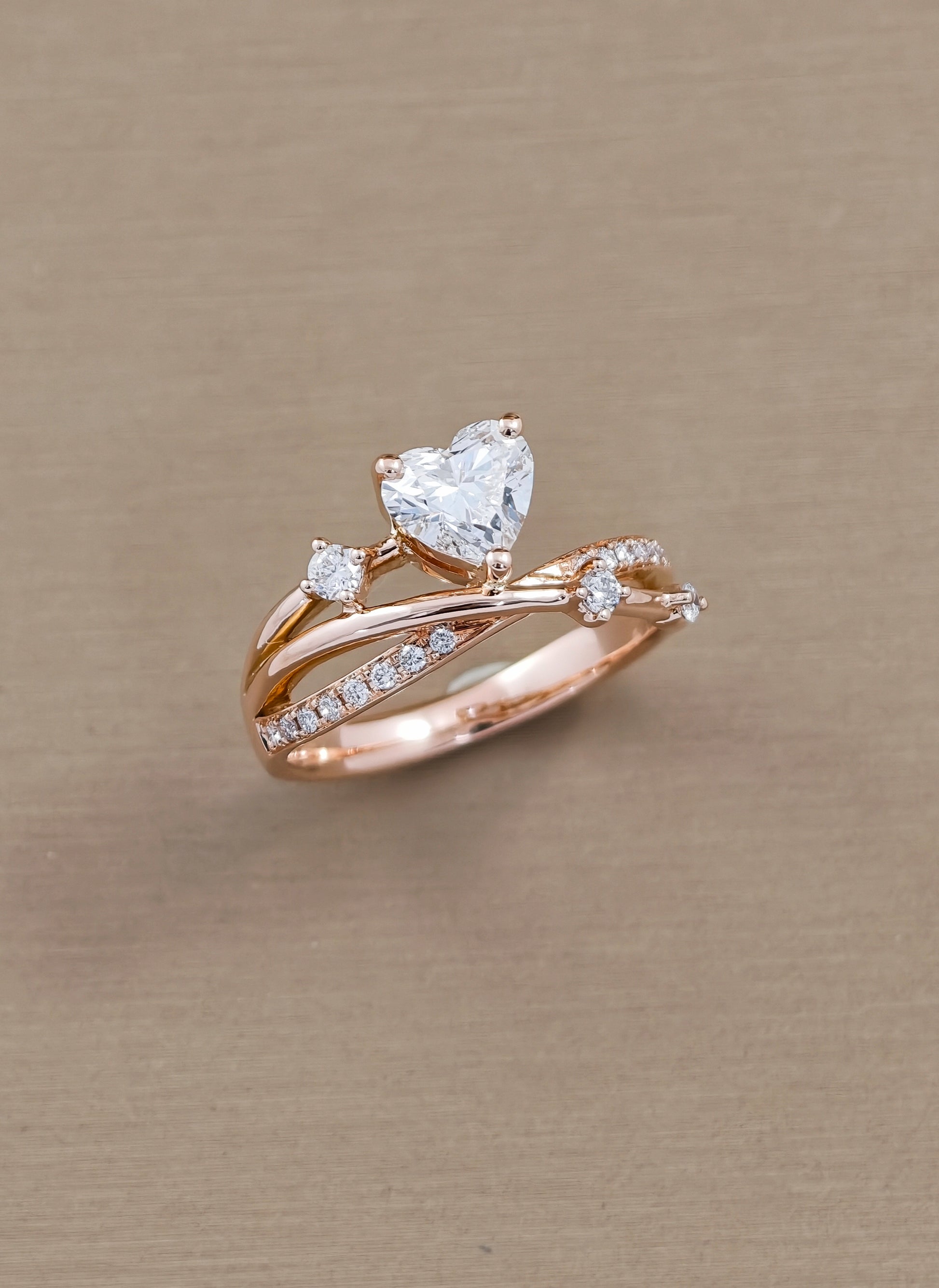 pink Gold Heart Cut Lab Grown Diamond Engagement Ring with leaf inspired accents