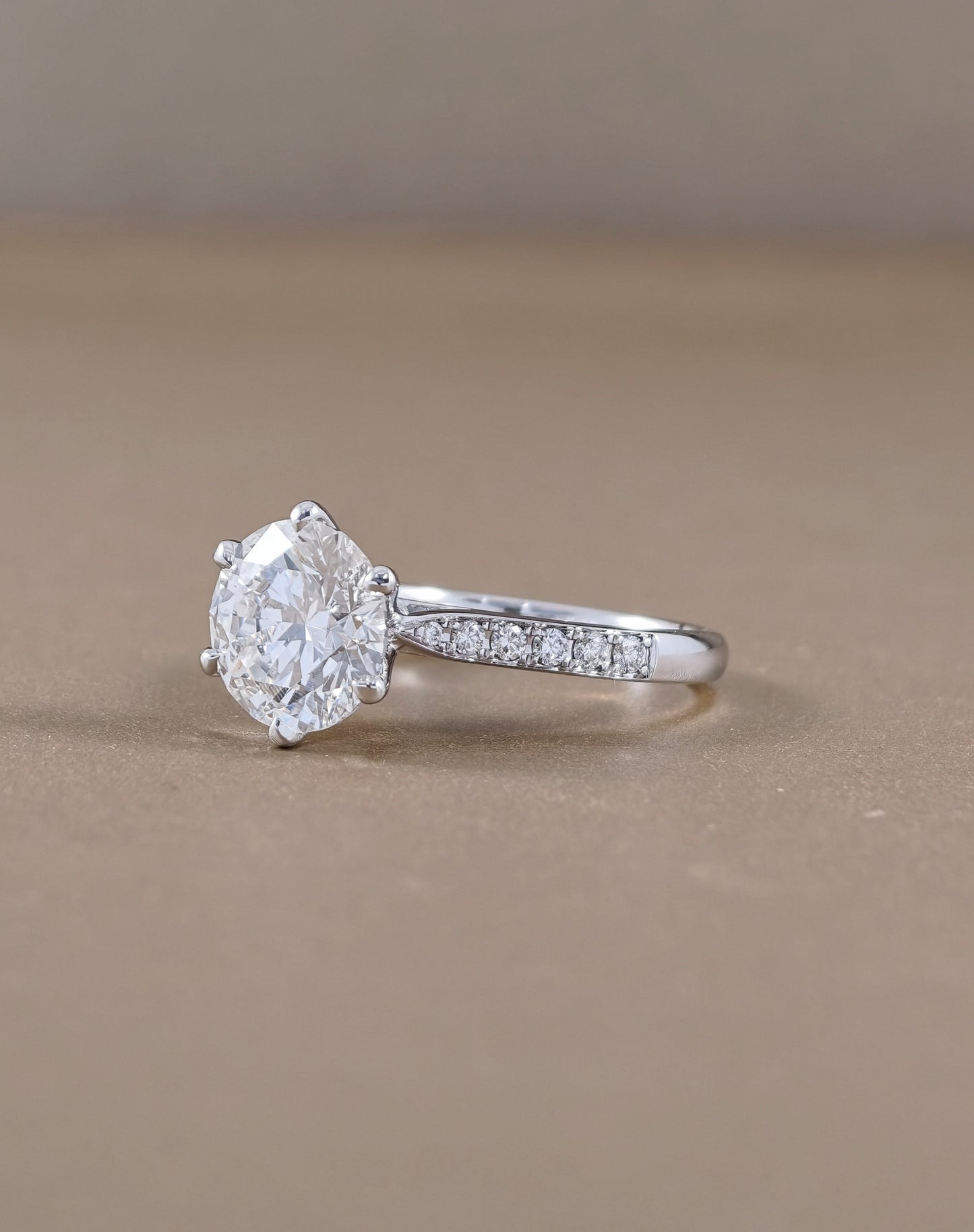White Gold Round Cut Lab Grown Diamond Engagement Ring with Pavé Band side view
