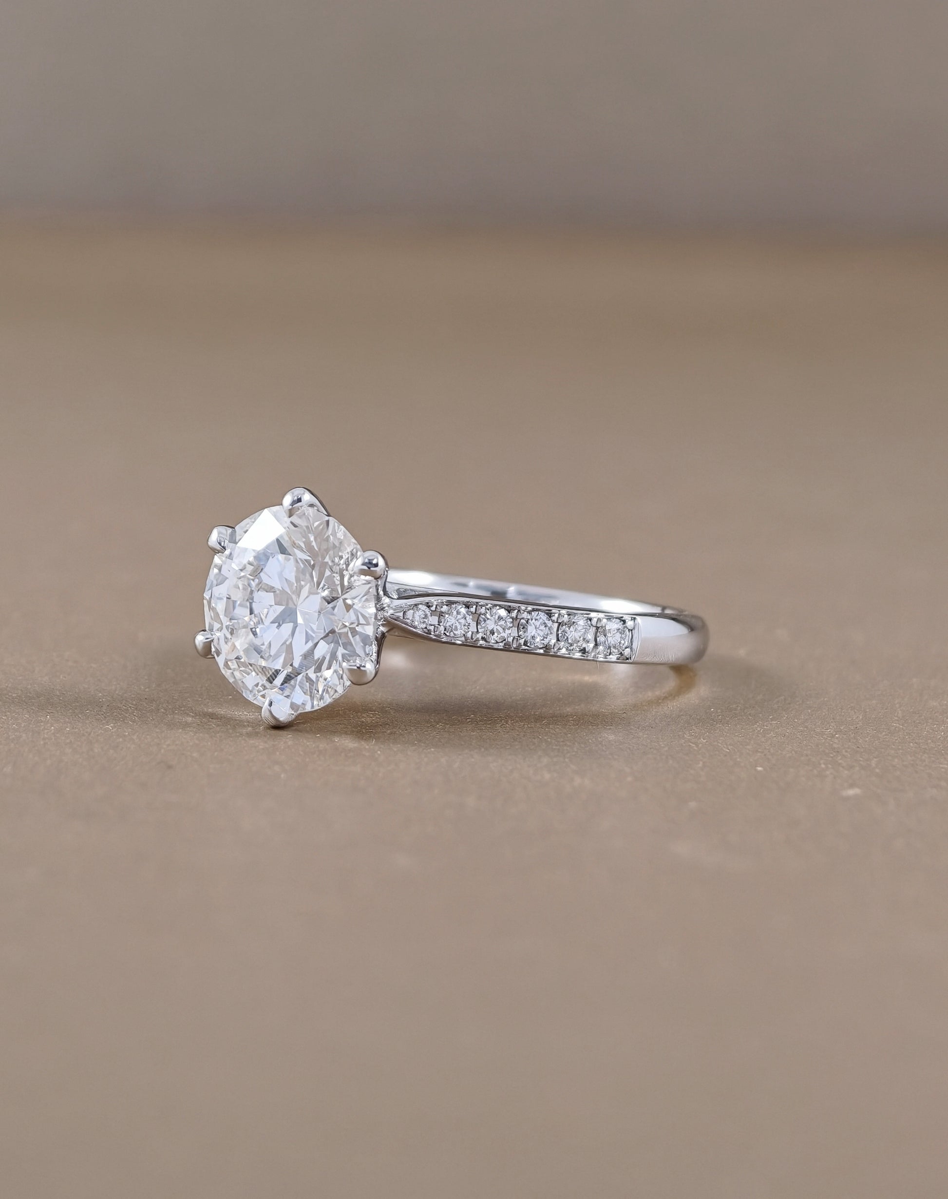 White Gold Round Cut Lab Grown Diamond Engagement Ring with Pavé Band side view