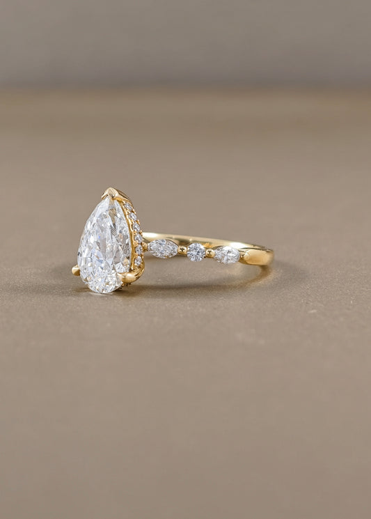 Emily Pear Lab Grown Diamond Marquise and Round Side Stone Engagement Ring Yellow Gold| IGI Certified
