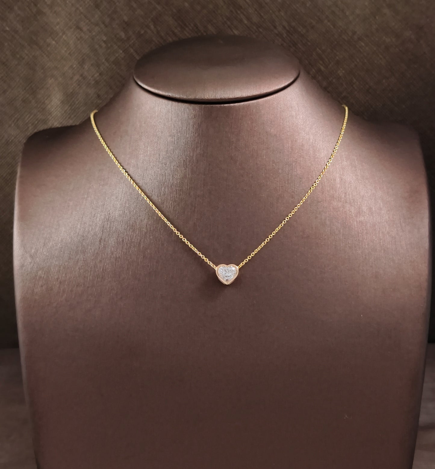 Heart Cut Lab Grown Diamond Bezel Pendant Necklace in Yellow Gold Sphere Diamond Bangkok
