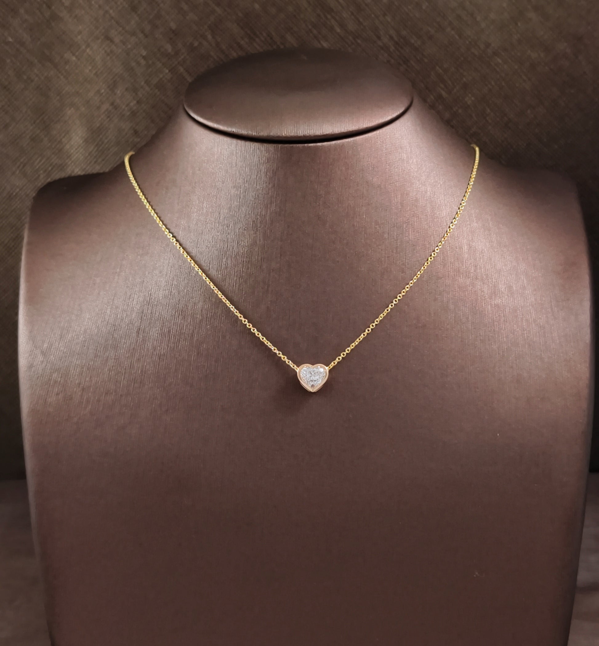 Heart Cut Lab Grown Diamond Bezel Pendant Necklace in Yellow Gold Sphere Diamond Bangkok