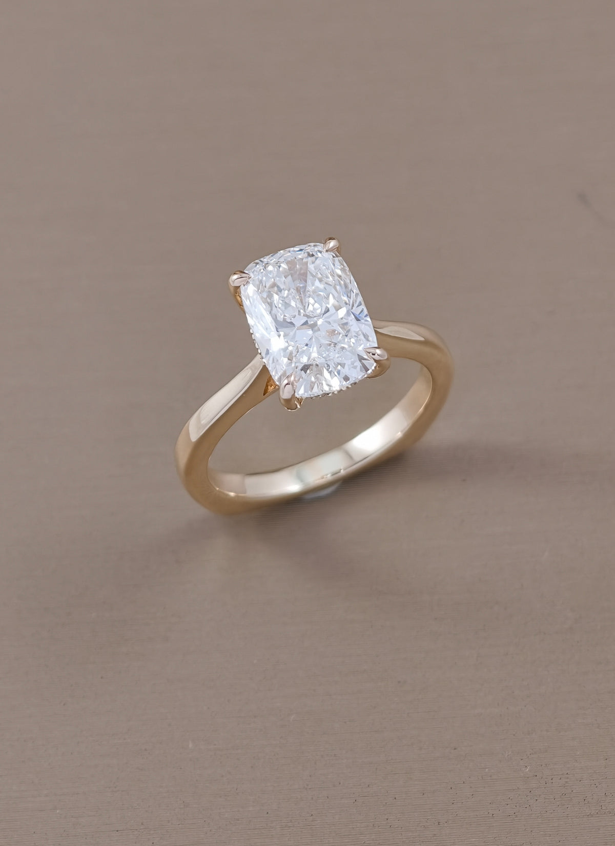 3 Carat Cushion Cut Lab Grown Diamond Ring Yellow Gold Side View