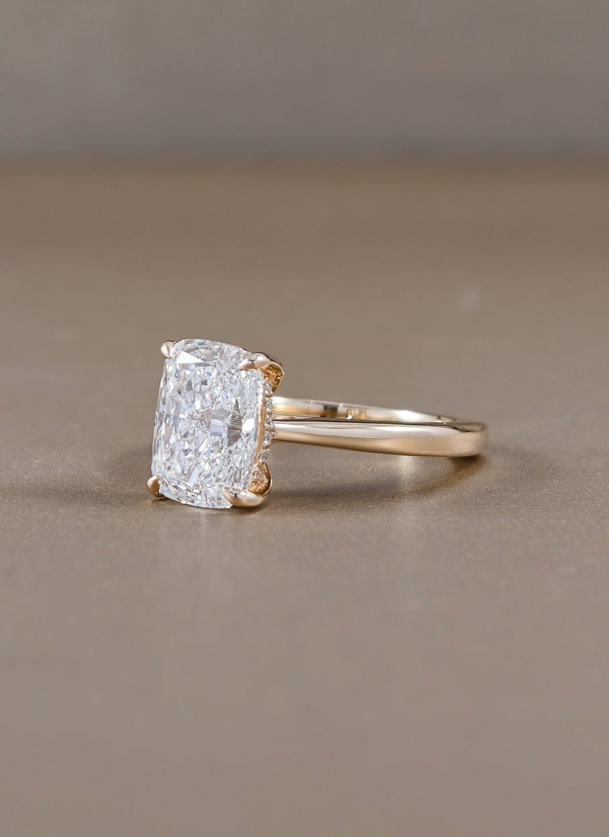 3 Carat Cushion Cut Hidden Halo Lab Grown Diamond Engagement Ring Yellow Gold