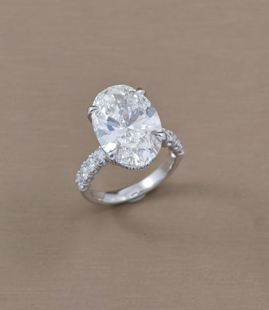 10 Carat Oval Lab Grown Diamond Engagement Ring with Full Diamond Basket and U-Pavé Band