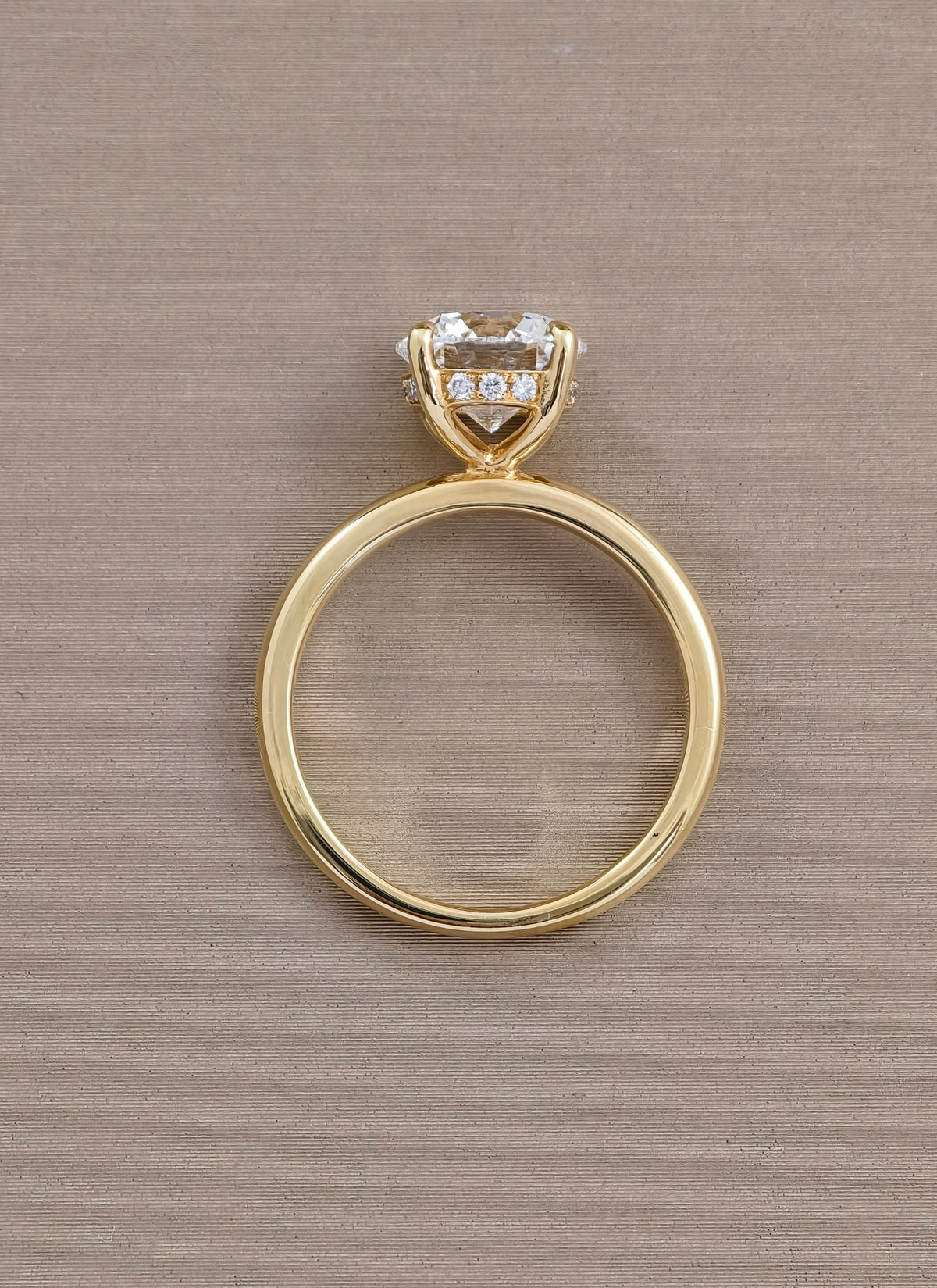 round cut diamond lab grown Engagement Eiffel Love four prong yellow gold 