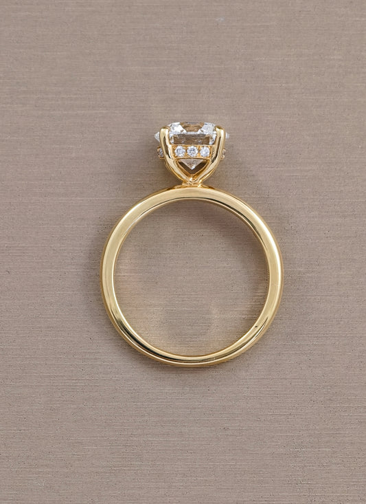 round cut diamond lab grown Engagement Eiffel Love four prong yellow gold 