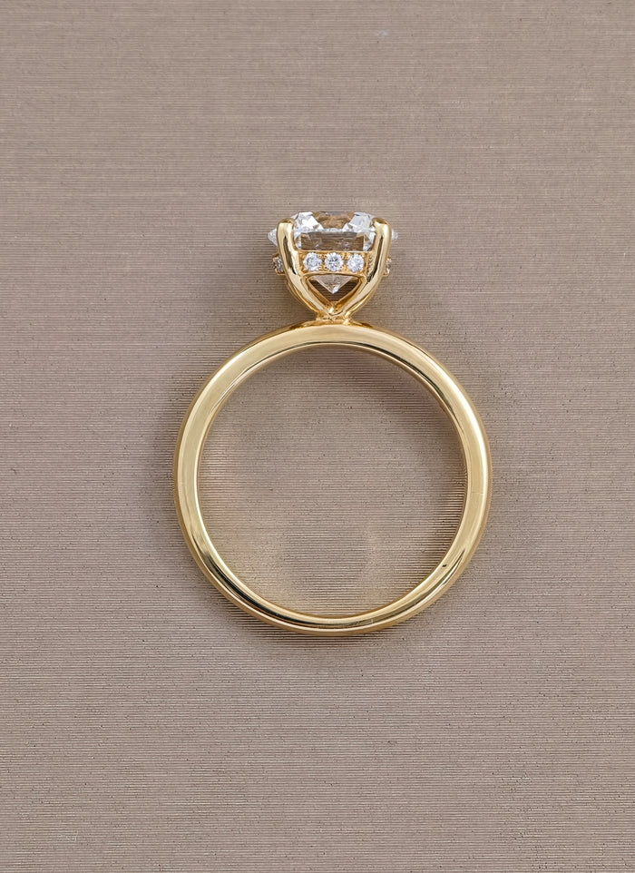 round cut diamond lab grown Engagement Eiffel Love four prong yellow gold 