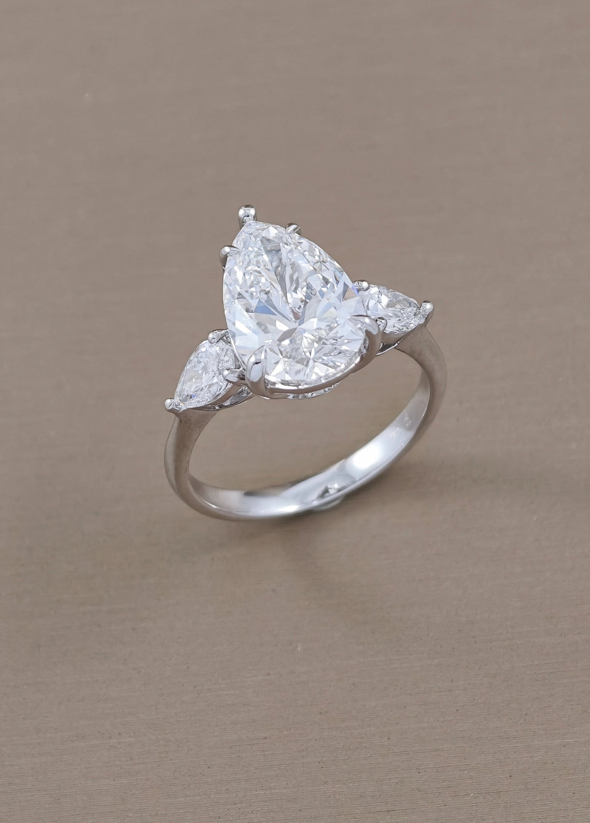 Pear Lab Grown Diamond Three Stone Engagement Ring with Pear Side Stones | IGI Certified
