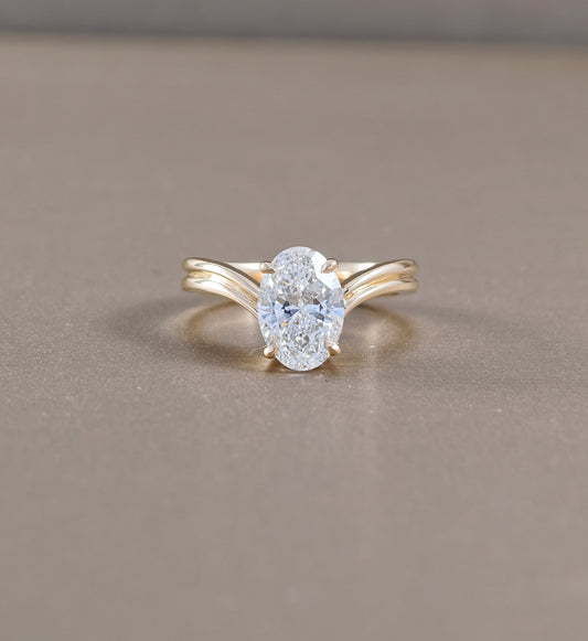 Oval Double V Split Shank Lab Grown Diamond Engagement Ring in Yellow Gold