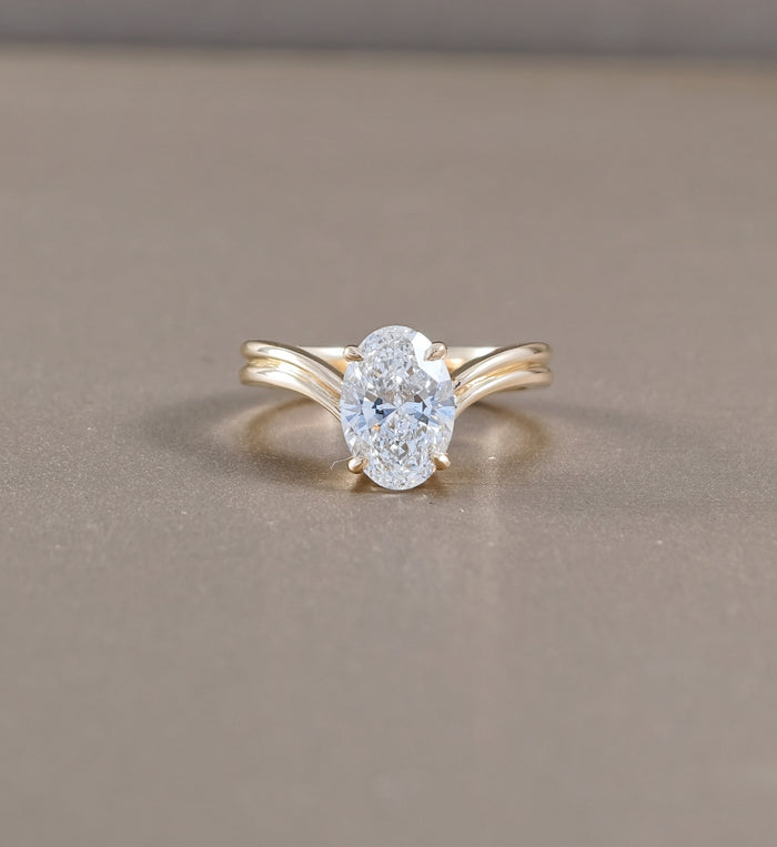 Oval Double V Split Shank Lab Grown Diamond Engagement Ring in Yellow Gold