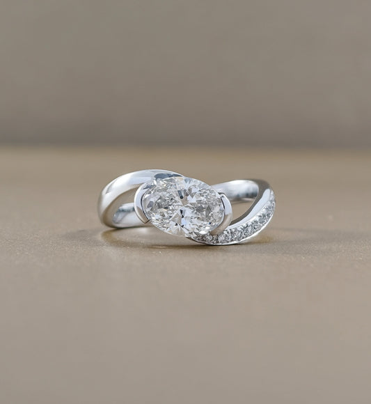 Aurora Oval Lab Grown Diamond Engagement Ring in White Gold with Curved Pavé Band