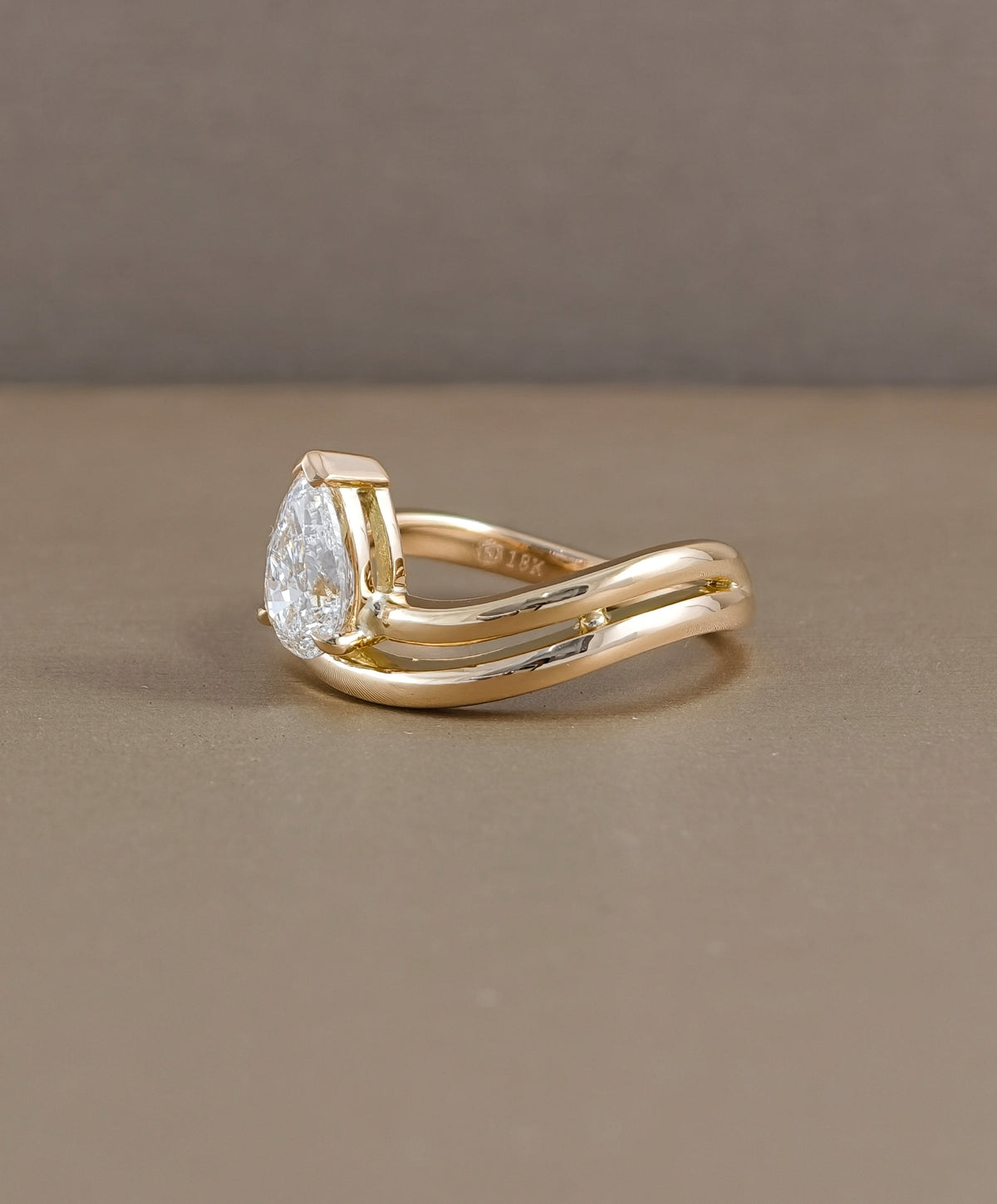 Pear  Double Curved Lab Grown Diamond  Engagement Ring in Pink Gold