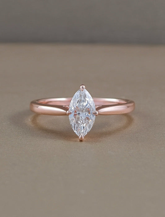 Marquise cut solitaire lab grown diamond engagement ring in rose gold, front view, Sphere Diamond Bangkok