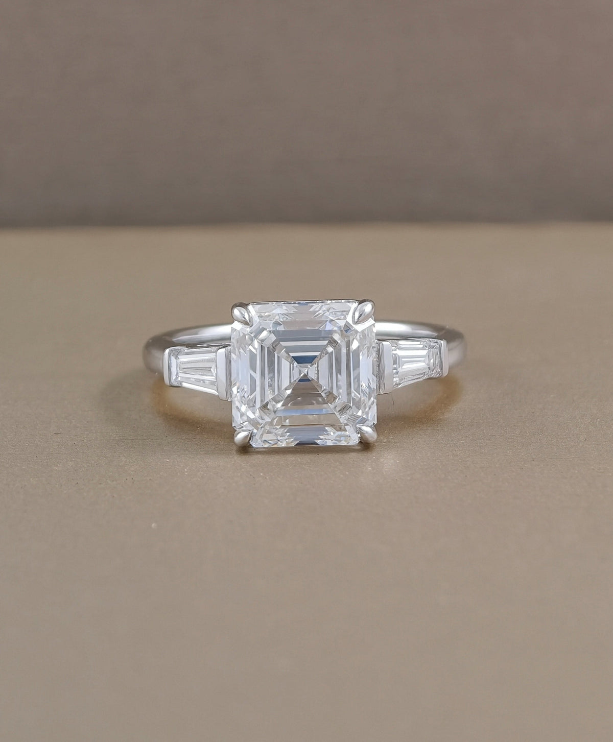 Asscher cut three stone lab grown diamond engagement ring in white gold by Sphere Diamond Bangkok
