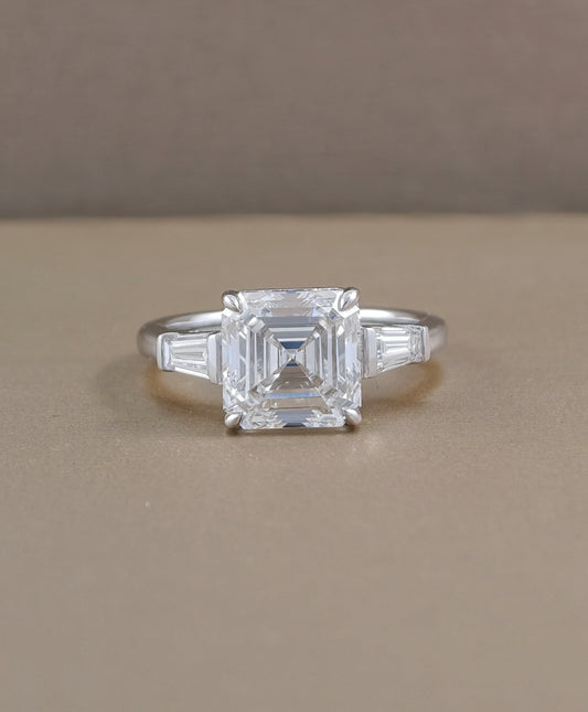 Asscher cut three stone lab grown diamond engagement ring in white gold by Sphere Diamond Bangkok