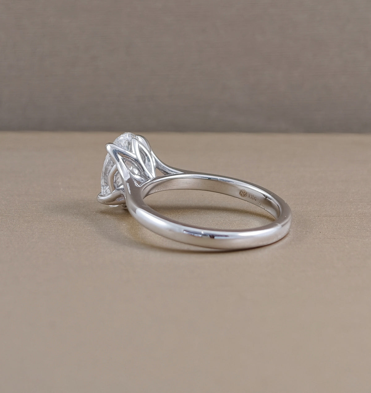 Full side view of Pearry Tulip mini split shank oval lab grown diamond solitaire engagement ring