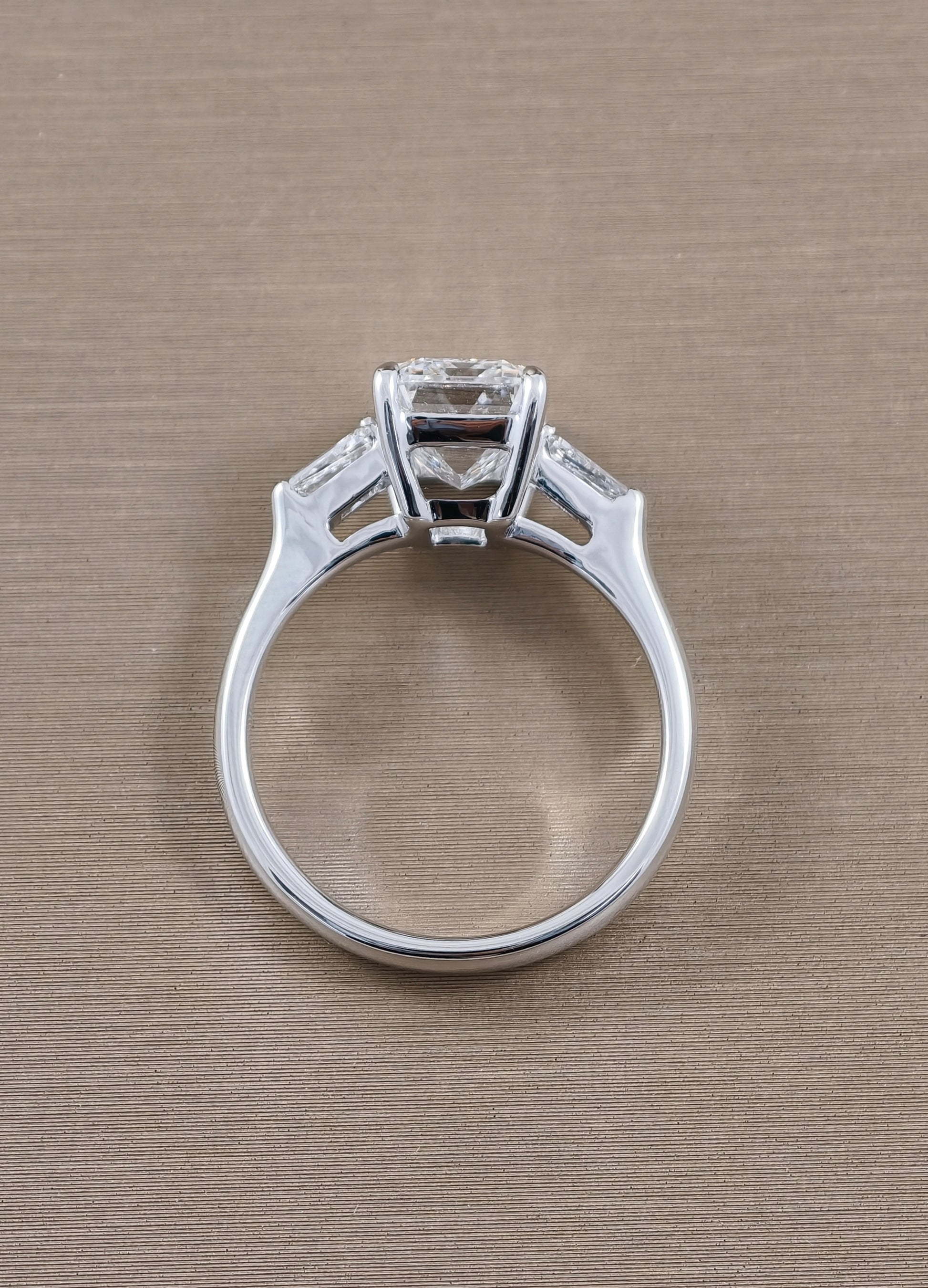 Emerald Cut Lab Grown Diamond Ring with Baguette Side Stones rear view
