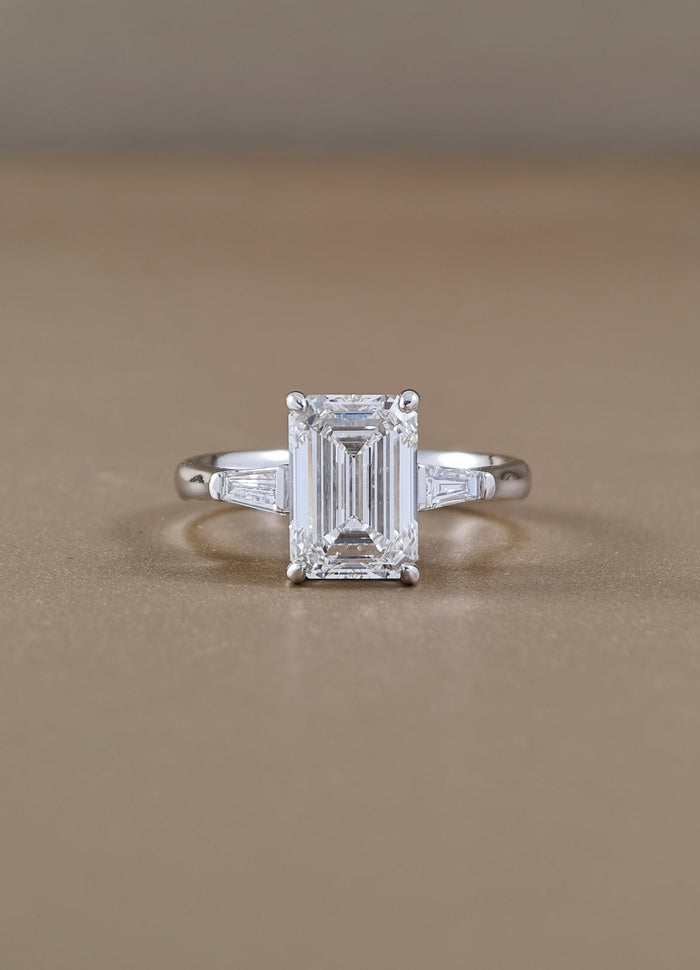 Elara Emerald Cut Lab Grown Diamond Three-Stone Engagement Ring Sphere Diamond Bangkok